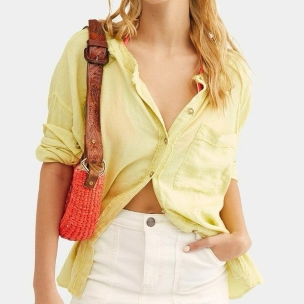 Free People Keep It Simple Linen Blend Fringe Button-Down Top Yellow Small EUC